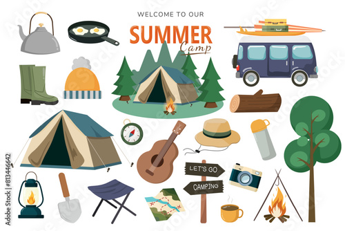 Summer camping items set. Summer travel and picnic stuff. Tourism and adventure accessories. Camera, holiday backpack, campfire, trailer. Flat graphic vector illustration isolated on white background