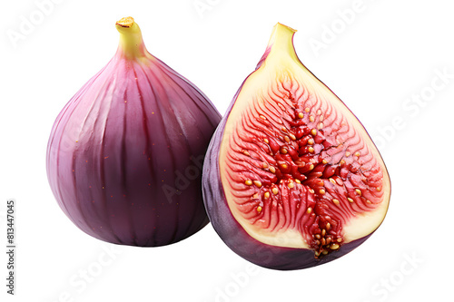 Purple Organic fresh figs ripe with cut in half isolated on cut out PNG or transparent background. Realistic fruit clipart template pattern. Figs are eaten as fresh fruit or used to make desserts.