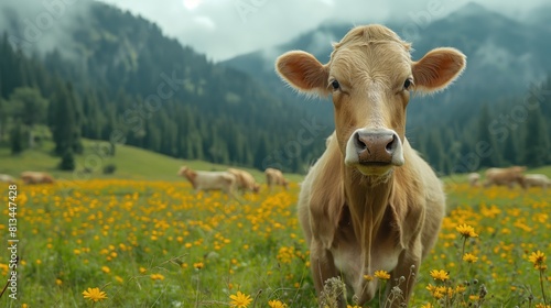 Curious Cow in Sunny Flower Field