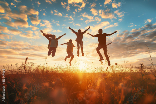 A group of people are jumping in the air in a field with a beautiful sunset in t