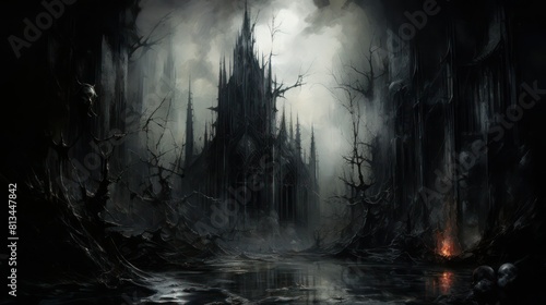 Abstract surreal gothic black ghost castle next to black water in lost place, landscape.