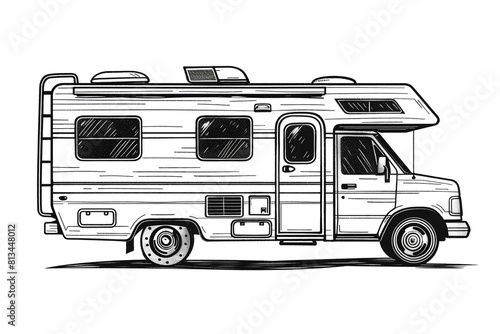 a hand-drawn of RV (Recreational Vehicle), simple vector svg illustration, black monoline, isolated on with background 