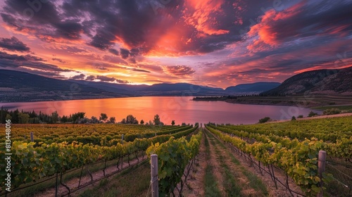 Sunset at Okanagan Lake near Penticton with a vineyard in the foreground