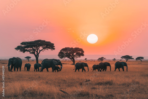 a herd of elephants walking across a dry grass field at sunset with the sun in the background and a few trees in the foreground
