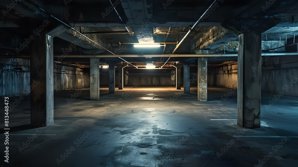 Mysterious urban secrets emerge in a dimly lit basement parking lot. Concept Urban Exploration, Mystery Unveiled, Hidden Spaces Mysterious urban secrets emerge in a dimly lit basement parking lot. Concept Urban Exploration, Mystery Unveiled, Hidden Spaces