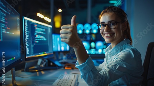 Female office employee giving a positive gesture while taking a break from working on a computer during overtime or a tight deadline at night. Portrait of a woman expressing satisfaction