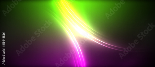 An Aurora borealis is dancing in the sky, with a mix of purple, green, and yellow lights creating a beautiful astronomical art on the black background