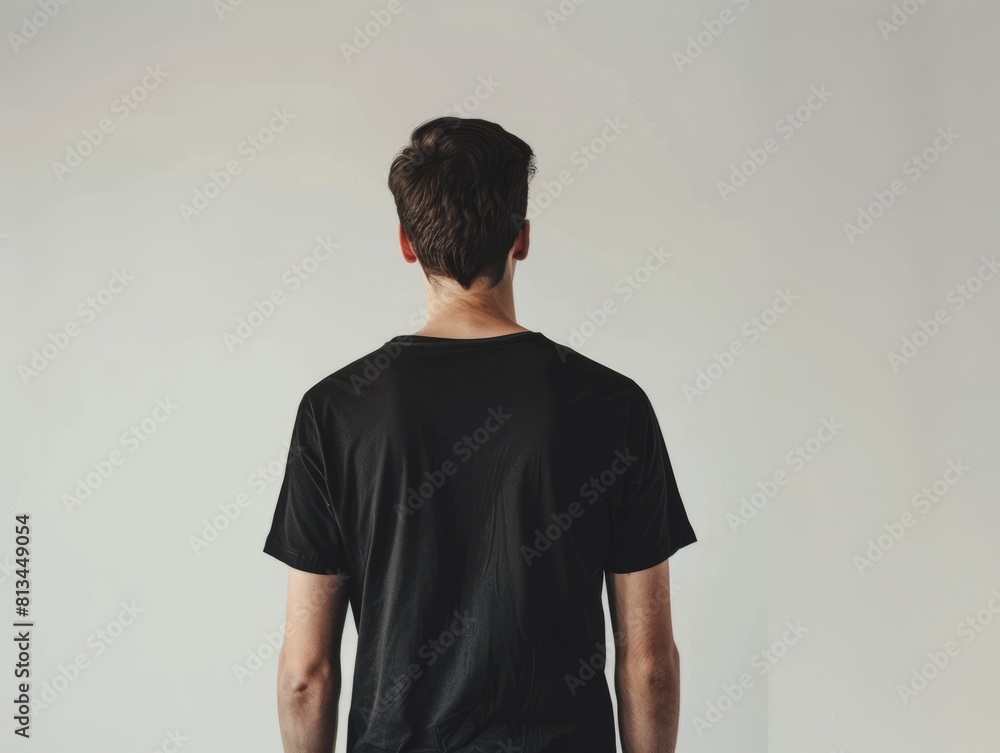 Man stands facing away from camera wearing black tshirt, man stands with his back to the camera. Man stands facing away from camera wearing black tshirt, man stands with his back to the camera.