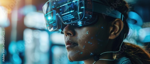 The girl is wearing a VR headset and is immersed in a virtual world. photo
