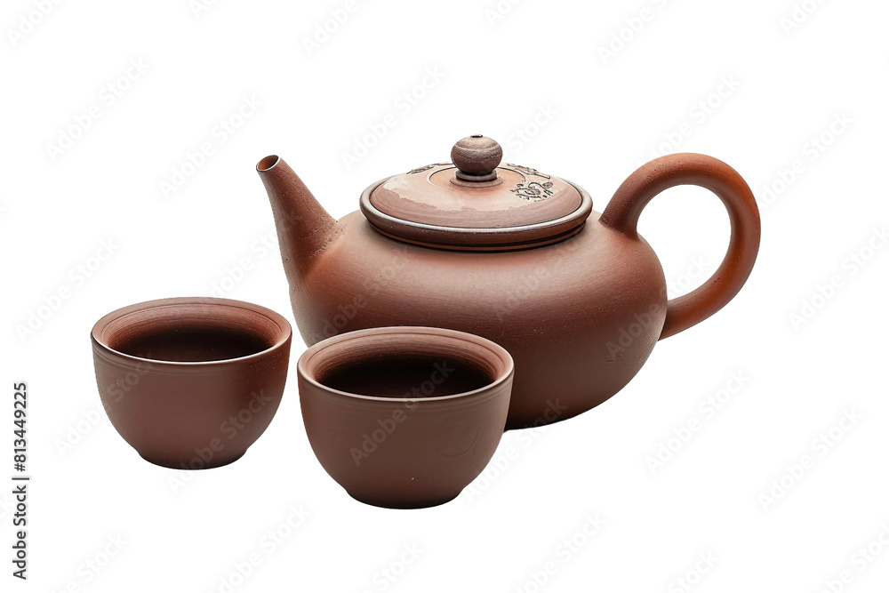 Yixing Teapot with Cups on a Transparent Background