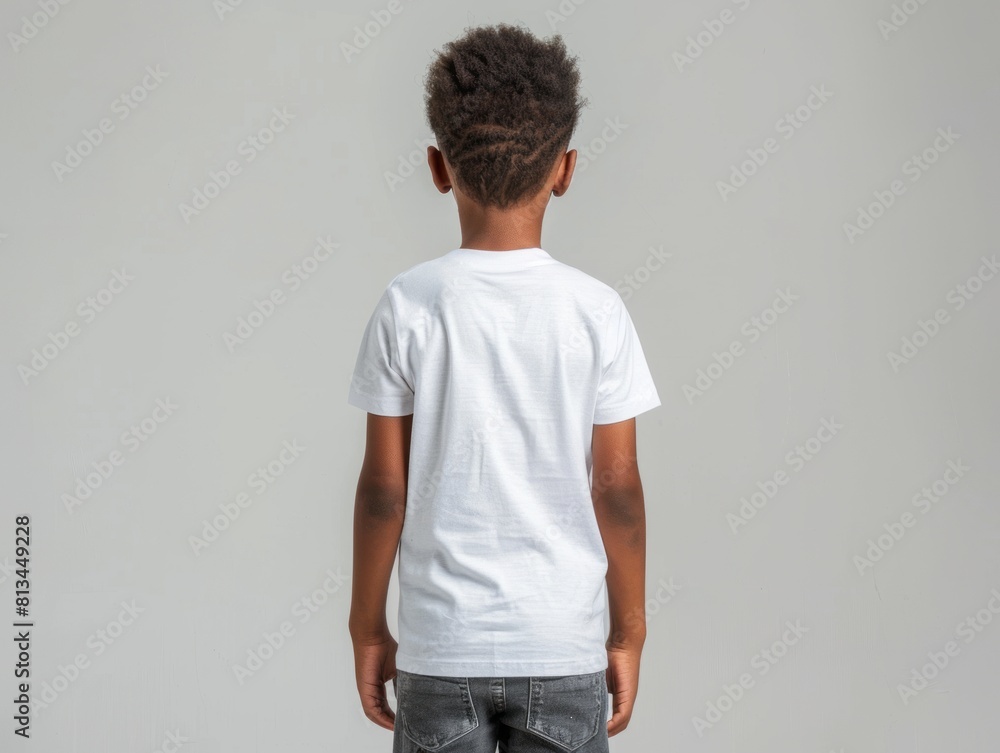A boy in a white T-shirt stands on a white background. A boy in a white T-shirt stands on a white background.