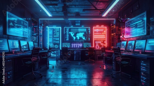 The image is of a dark room with multiple computers © Nuth