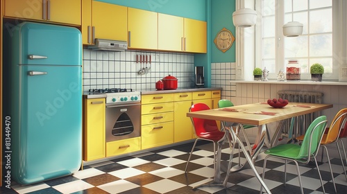 A retro-themed kitchen, with bold colors, vintage appliances, and mid-century modern furniture a nostalgic ambiance reminiscent of the 1950s and 1960s.