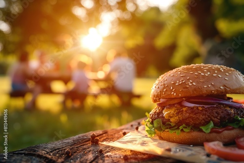 Fototapeta Naklejka Na Ścianę i Meble -  Summer Burger Picnic in Sunset Park