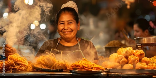 Mexican woman selling traditional street food in Mexico City. Concept Street Food Vendors, Mexican Culture, Local Cuisine, Traditional Markets photo