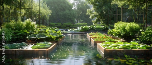 The image shows a beautiful garden with a long reflecting pool in the center. The pool is surrounded by lush greenery and colorful flowers.