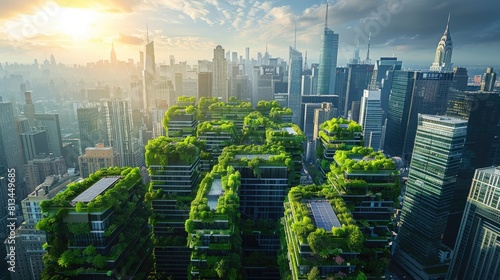 The image shows a beautiful green city with lush vegetation and skyscrapers covered in plants, creating a sustainable and eco-friendly urban environment. photo