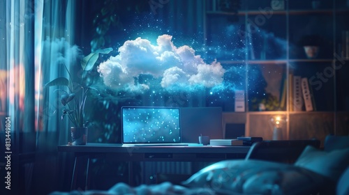 a bedroom with a computer on the desk. The computer is turned on and a cloud of data is being transferred from the computer to the cloud. The image is in blue and white colors. photo