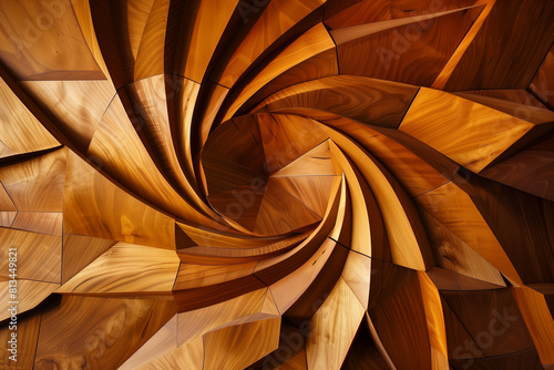 Swirling Wooden Sculpture: Dynamic Geometric Patterns in Art Installation