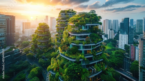 The image shows a futuristic city with green buildings and lush vegetation  illustrating a sustainable and eco-friendly urban environment.