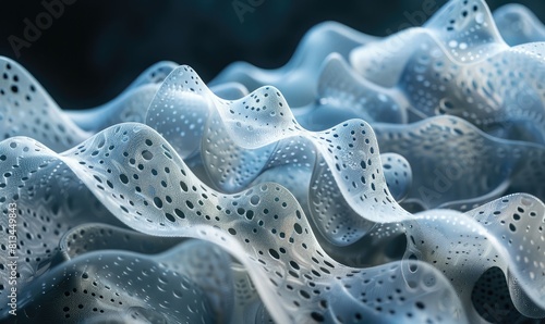 Close-up of a blue and white surface with a wavy pattern. The surface is made of a soft, flexible material. photo