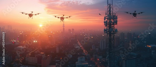 Cityscape with drones flying in the sky. The drones are delivering packages and performing other tasks. The image is set in the future, where drones are a common part of everyday life.