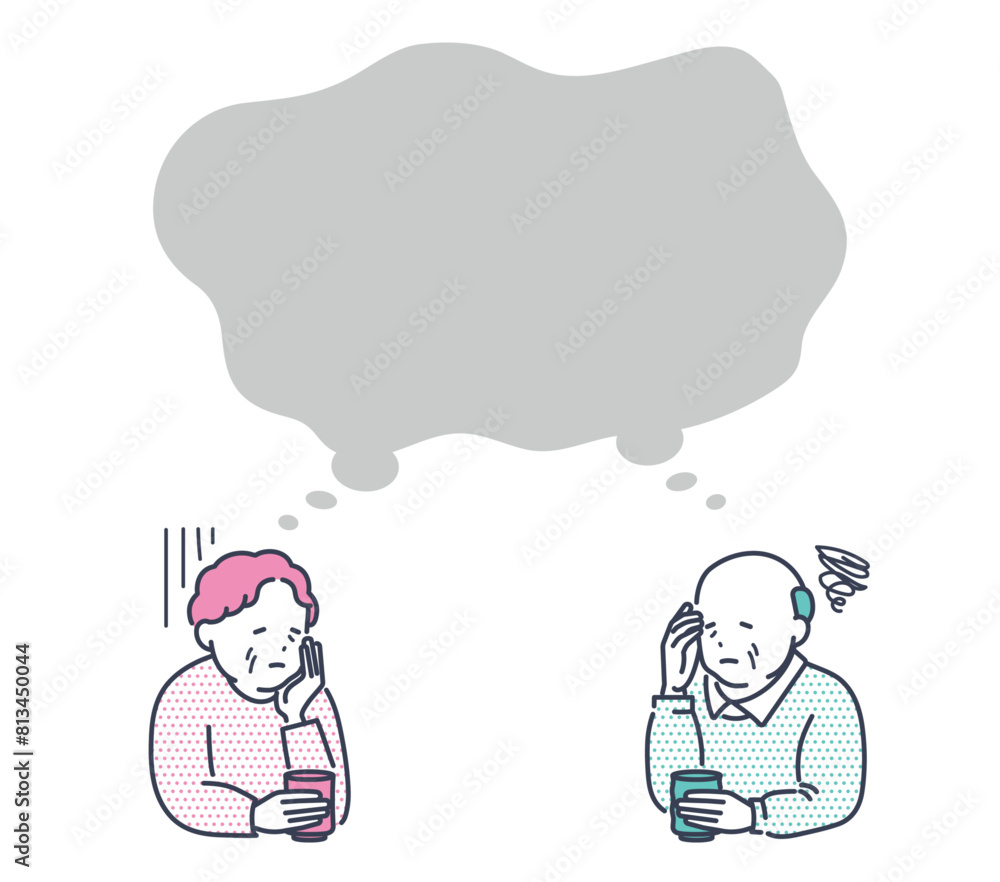 困った表情で話し合う高齢者の夫婦。男女の上半身ベクターイラスト素材 困った表情で話し合う高齢者の夫婦。男女の上半身ベクターイラスト素材