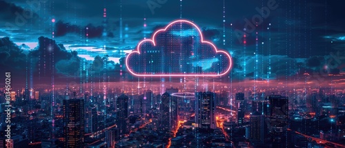 a glowing pink cloud over a dark city. The cloud is connected to the city by a series of glowing lines. The image represents the concept of cloud computing. photo