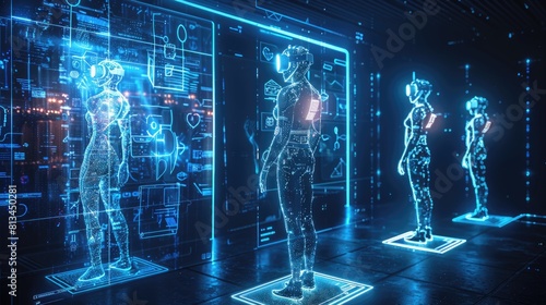 a group of people in a virtual world. They are all wearing futuristic suits and are surrounded by a blue grid. photo
