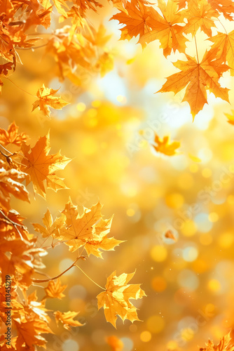 A close up of yellow leaves falling from a tree. The leaves are scattered in the air, creating a sense of movement and change. The image evokes a feeling of autumn and the beauty of nature's cycles