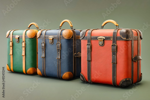Three suitcases of different colors and sizes are shown in a row. The suitcases are old and worn, giving the impression of a vintage or antique collection. The green suitcase is the leftmost photo
