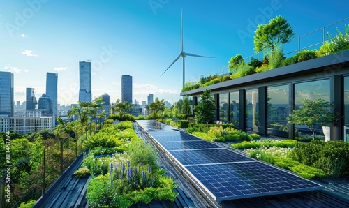 Fototapeta Naklejka Na Ścianę i Meble -  a rooftop garden with solar panels and wind turbines in the background. The garden is full of green plants and flowers, and there is a city in the background.