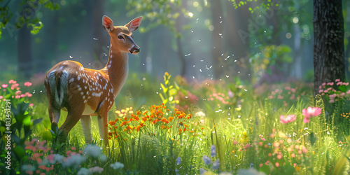 A baby deer in a forest, Cute deer standing in tranquil meadow at dusk  photo