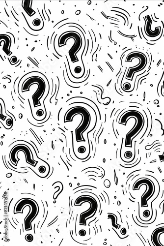 A pattern of black and white questions is drawn on a white background. The questions are scattered throughout the image, with some overlapping and others standing alone. Scene is one of curiosity