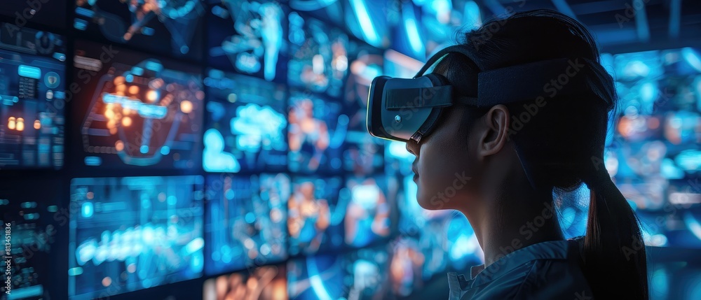 a woman wearing a VR headset and looking at a large screen with many images. She is in a dark room, and the only light comes from the screen. a woman wearing a VR headset and looking at a large screen with many images. She is in a dark room, and the only light comes from the screen.