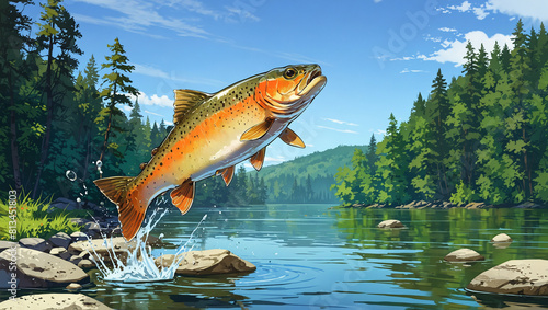 Fish trout jump out from the lake water, nature drawing illustration art.