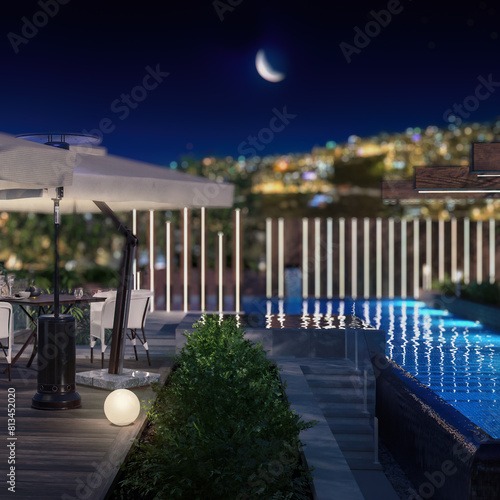 Architectural Visualization of an Exterior Restaurant with a Swimming Pool Deck and Breathtaking City Panorama under the Moon - 3D Visualization