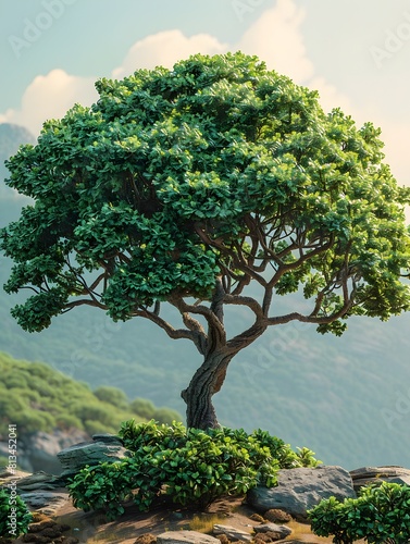 Majestic Tree in Lush Mountain Landscape Backdrop with Peaceful Scenic Vista