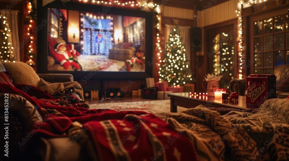Holiday Movie Night:  a cozy living room transformed into a cinematic haven for a holiday movie night. a classic Christmas film projected onto a big screen. 