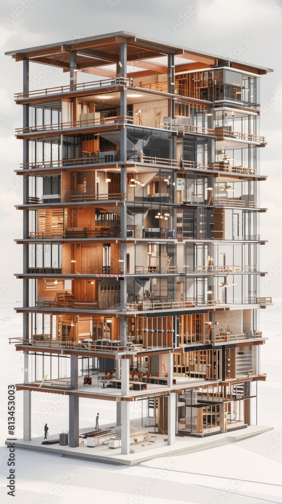3D rendering of a high-rise building under construction in various parts. 3D rendering of a high-rise building under construction in various parts.