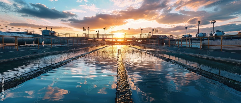 Fototapeta premium Water treatment plant at sunset.