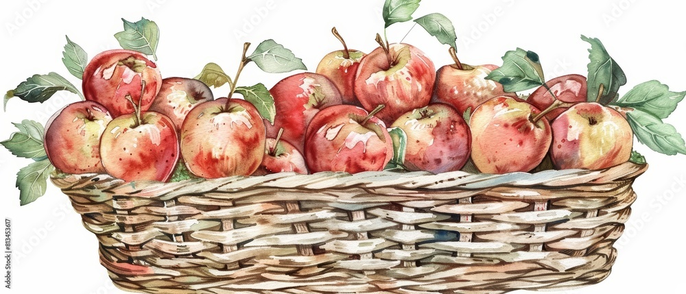 A cute watercolor of a basket filled with freshly picked apples in a lush orchard, Clipart isolated on white