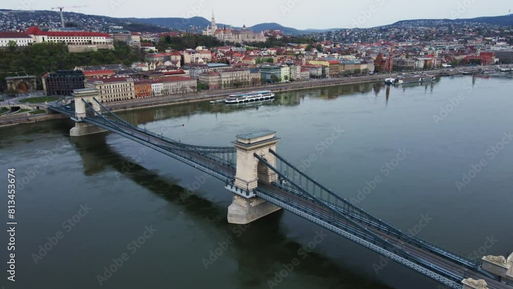 Panoramic view on skyline of Budapest city with Chain Bridge along Danube River. Architecture of capital of Hungary with historical buildings and famous landmarks Panoramic view on skyline of Budapest city with Chain Bridge along Danube River. Architecture of capital of Hungary with historical buildings and famous landmarks