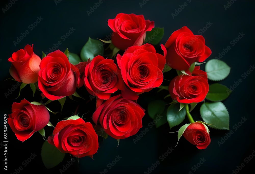 Obraz premium A bouquet of red roses on a dark wooden surface