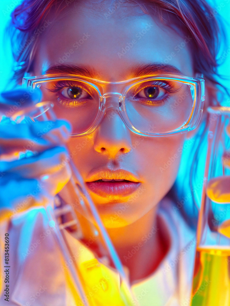 Fototapeta premium Woman scientist in laboratory holding test tubes and beakers. Chemical research. Scientist conducts an experiment in the laboratory. Image in vivid colors. 