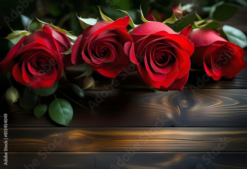 A bouquet of red roses on a dark wooden table  shot from above
