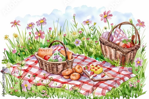 A cute watercolor of a picnic scene in a spring meadow  complete with a checkered blanket and a basket of goodies  Clipart isolated on white