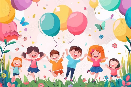 Happy children's day with toys background poster with happy kids vector illustration.
