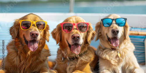 Three golden retrievers are relaxing on a boat, each wearing sunglasses, enjoying a summer vacation on the water