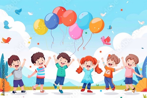 Happy children s day with toys background poster with happy kids vector illustration.